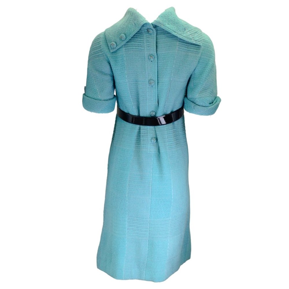 CHANEL TEAL SHORT SLEEVED BELTED WOOL TWEED DRESS - Picture 3 of 6